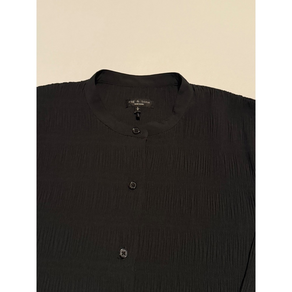 Rag & Bone Black Plisse Crinkle Button Down Band Collar Top Blouse Large - Picture 8 of 14